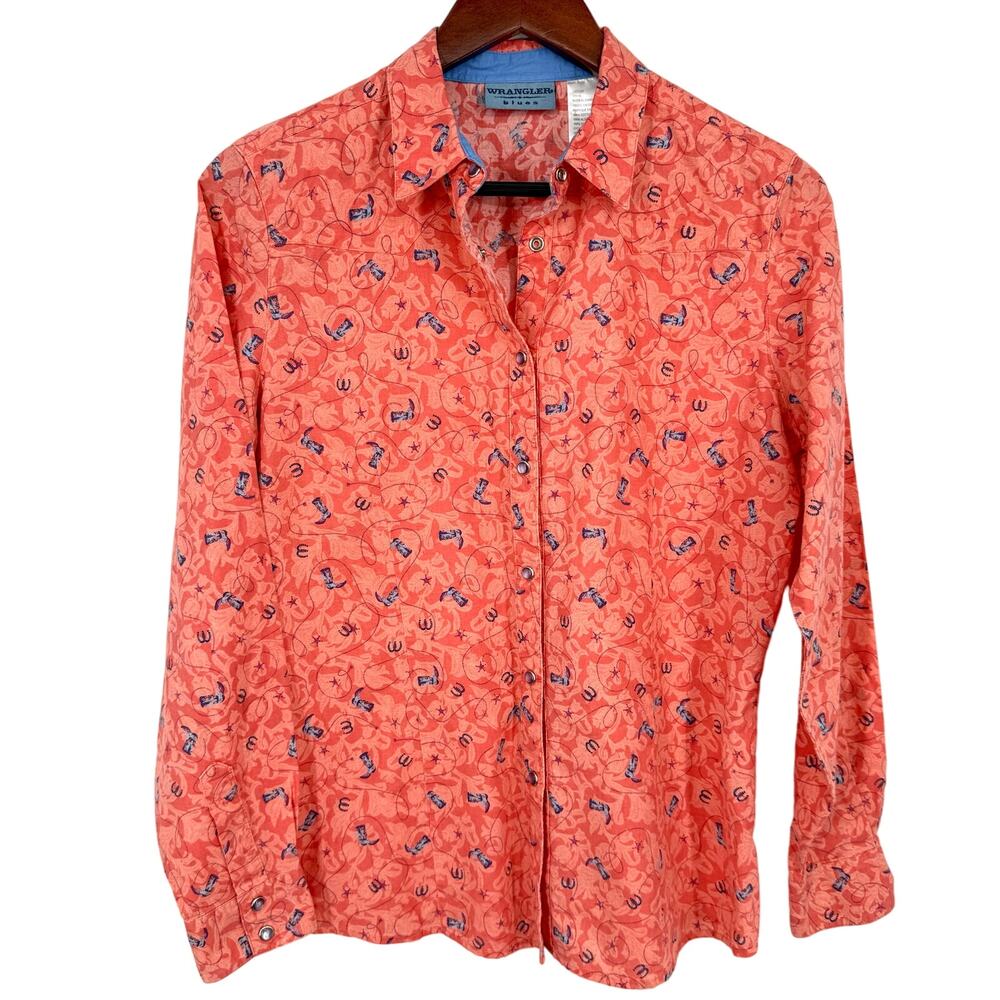 Wrangler Blues Womens Sz Medium Coral Pink Western Ranchwear Rodeo Shirt Top